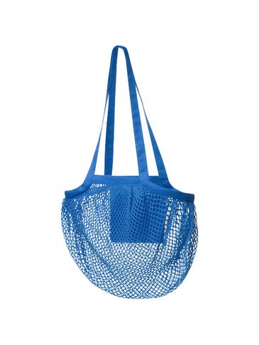 Pune 100 g/m2, certyfikat GOTS, organiczna siatkowa torba bawełniana z długimi uchwytami, niebieski