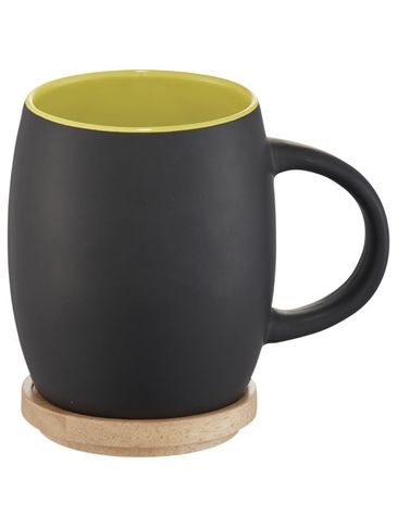 Ceramiczny kubek Hearth z drewnianym wiekiem/spodeczkiem, czarny / limonka