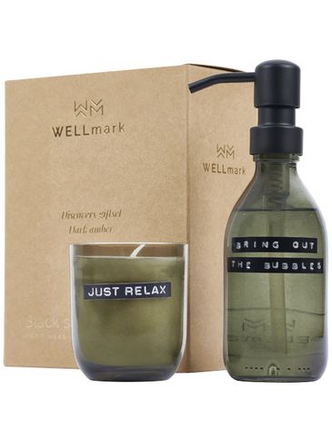 Wellmark Discovery dozownik mydła do rąk o pojemności 200 ml i zestaw świec zapachowych 150 g - o zapachu ciemnego bursztynu, leśny zielony