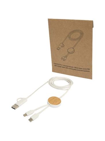 Chechia kabel do synchronizacji danych i szybkiego ładowania 5 w 1 27 W o długości 150 cm z tworzyw sztucznych pochodzących z recyklingu z detalami z bambusa, biały