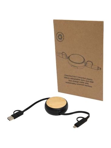 Chechia zwijany kabel do synchronizacji danych i szybkiego ładowania 5 w 1 45 W o długości 100 cm z tworzyw sztucznych pochodzących z recyklingu z detalami z bambusa, czarny