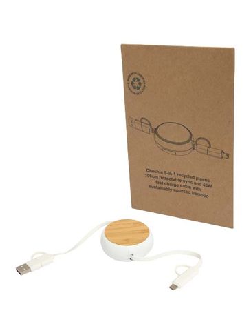 Chechia zwijany kabel do synchronizacji danych i szybkiego ładowania 5 w 1 45 W o długości 100 cm z tworzyw sztucznych pochodzących z recyklingu z detalami z bambusa, biały