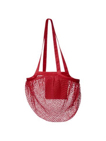 Pune 100 g/m2, certyfikat GOTS, organiczna siatkowa torba bawełniana z długimi uchwytami, czerwony