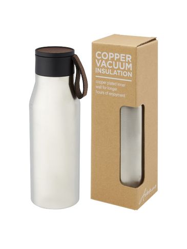Ljungan Miedziana, izolowana próżniowo butelka ze stali nierdzewnej o pojemności 500 ml z paskiem ze skóry PU i pokrywką, srebrny