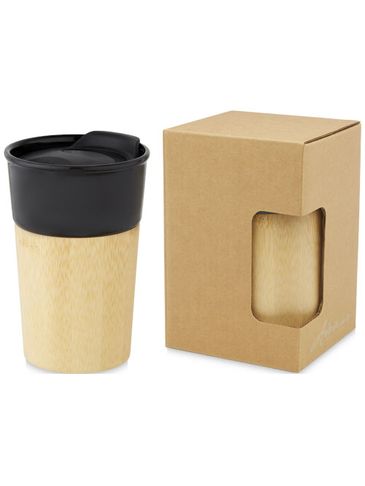 Kubek porcelanowy Pereira o pojemności 320 ml z bambusową ścianką zewnętrzną, czarny błyszczący