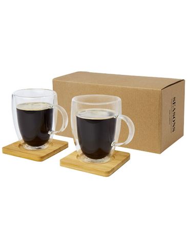 Manti 2 sztuki, kubek szklany z podwójną ścianką o pojemności 350 ml z bambusową podkładką , przezroczysty / natural