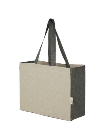 Pheebs torba na zakupy z płaskim dnem o pojemności 18 l z bawełny z recyklingu o gramaturze 190 g/m² i kontrastującymi bokami, naturalny melanż / czarny melanż