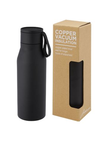Ljungan Miedziana, izolowana próżniowo butelka ze stali nierdzewnej o pojemności 500 ml z paskiem ze skóry PU i pokrywką, czarny
