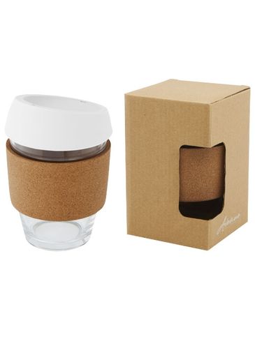 Lidan Szklany kubek o pojemności 360 ml z korkowym uchwytem i silikonową pokrywką, biały