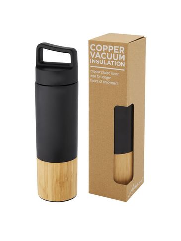 Torne miedziana, izolowana próżniowo butelka ze stali nierdzewnej o pojemności 540 ml z bambusową ścianką zewnętrzną, czarny