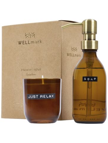 Wellmark Discovery dozownik na mydło do rąk o pojemności 200 ml i zestaw świec zapachowych 150 g - o zapachu bambusa , amber heather