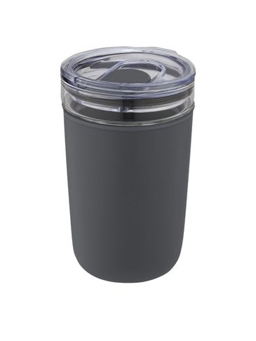 Szklany kubek Bello o pojemności 420 ml z zewnętrzną ścianką z plastiku z recyklingu, szary