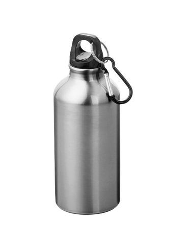 Oregon butelka na wodę z karabińczykiem wykonana z aluminium z recyklingu z certyfikatem RCS o pojemności 400 ml, srebrny
