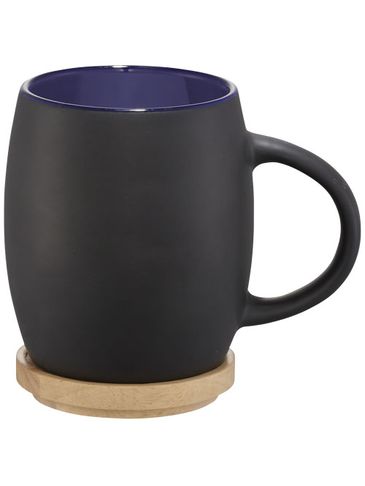 Ceramiczny kubek Hearth z drewnianym wiekiem/spodeczkiem, czarny / niebieski