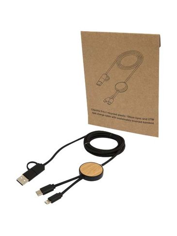 Chechia kabel do synchronizacji danych i szybkiego ładowania 5 w 1 27 W o długości 150 cm z tworzyw sztucznych pochodzących z recyklingu z detalami z bambusa, czarny