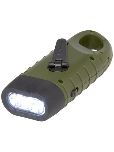 Helios latarka solarna z dynamem i karabińczykiem wykonana z tworzyw sztucznych pochodzących z recyklingu, zieleń wojskowa